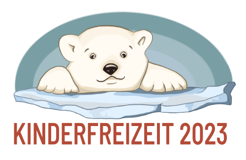 Ein kleiner Eisbär, der über eine Eisscholle schaut. Dazu der Schriftzug 'Kinderfreizeit 2023'.